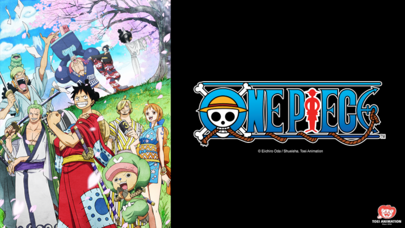 'One Piece' key art for our list of best anime to watch this summer. It features Monkey D. Luffy and the Straw Hats on the left and the anime's logo on the right.