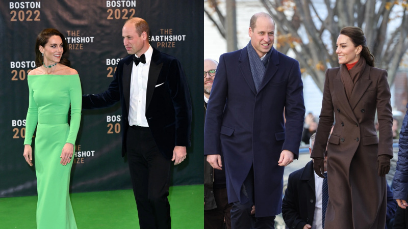   (L) Kate Middleton, Walesin prinsessa, ja prinssi William, Walesin prinssi, osallistuvat The Earthshot Prize 2022 -tapahtumaan Fenwayn MGM Music Hallissa 2. joulukuuta 2022 Bostonissa, Massachusettsissa. (R) Walesin prinssi William ja Walesin prinsessa Kate Middleton vierailevat Itä-Bostonissa nähdäkseen Bostonin rantaviivan muuttuvan kasvot, kun kaupunki kamppailee merenpinnan nousun kanssa 1. joulukuuta 2022 Bostonissa, Massachusettsissa.